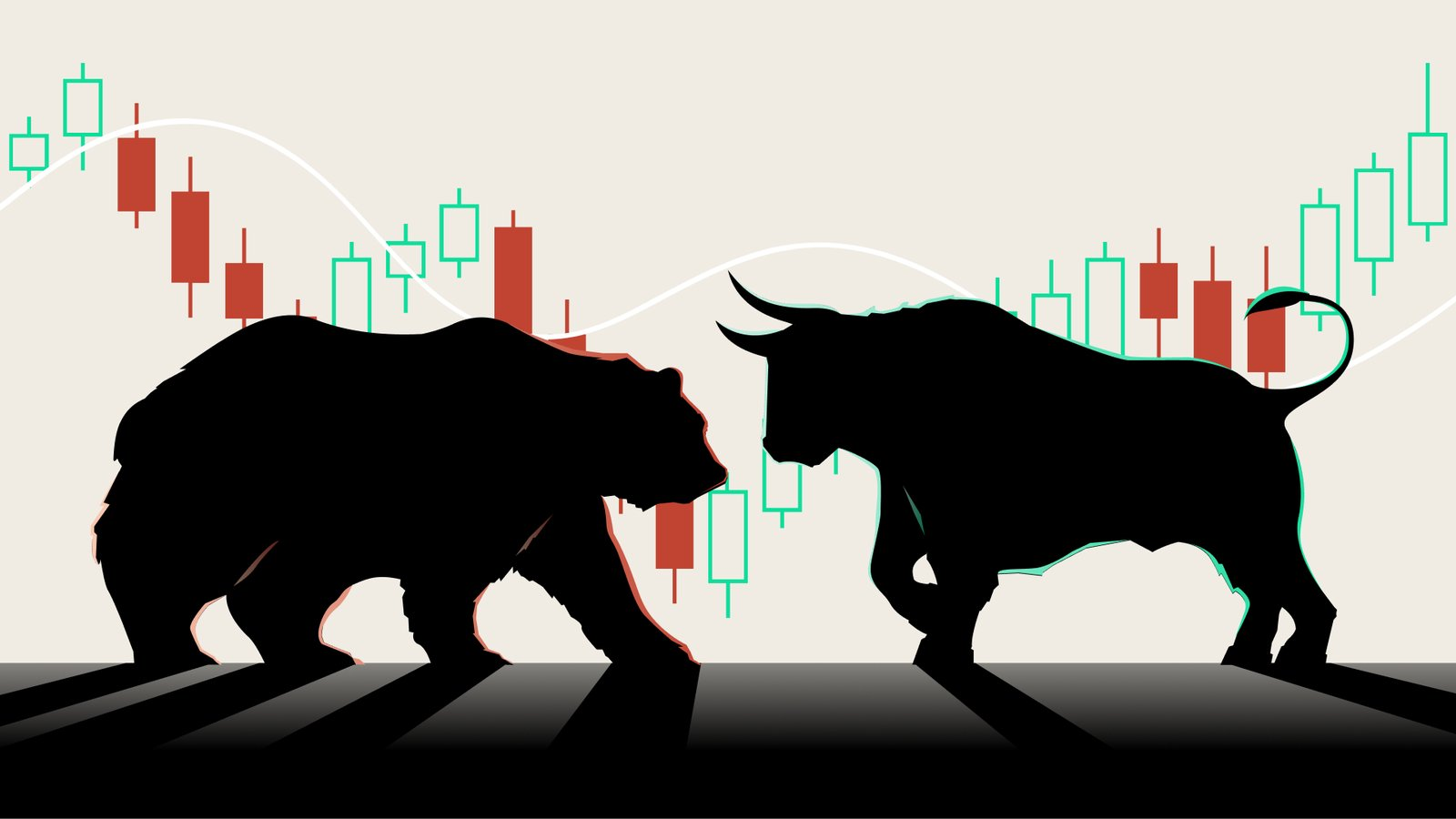 3D illustration of a bull figurine and a bear figurine facing each other on opposite ends of a balance scale, deep navy background, corporate blue and amber lighting